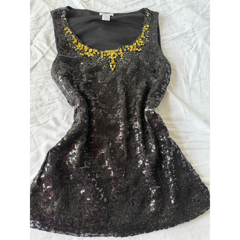 Vintage Y2K 2000s Cache Sequin Top Small Black Gemstone Embellished Neckline - Picture 6 of 8